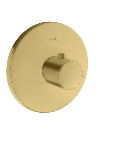 Thermostatsteuerung in gebürsteter Goldoptik von AXOR, runde Abdeckung mit einem zentralen Regler. Klar strukturiertes Design für Unterputzmontage.